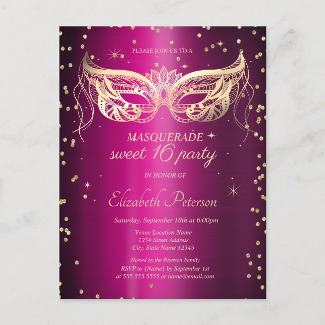 Masquerade Gold Diamonds Purple Metallic Sweet 16  Inbjudan Vykort (Framsida)