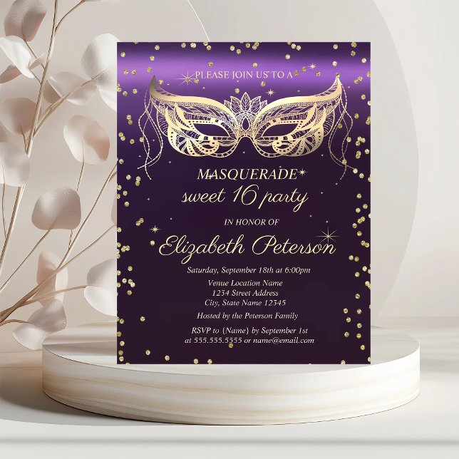 Masquerade Gold Diamonds Purple Sweet 16  Inbjudan Vykort (Skapare uppladdad)