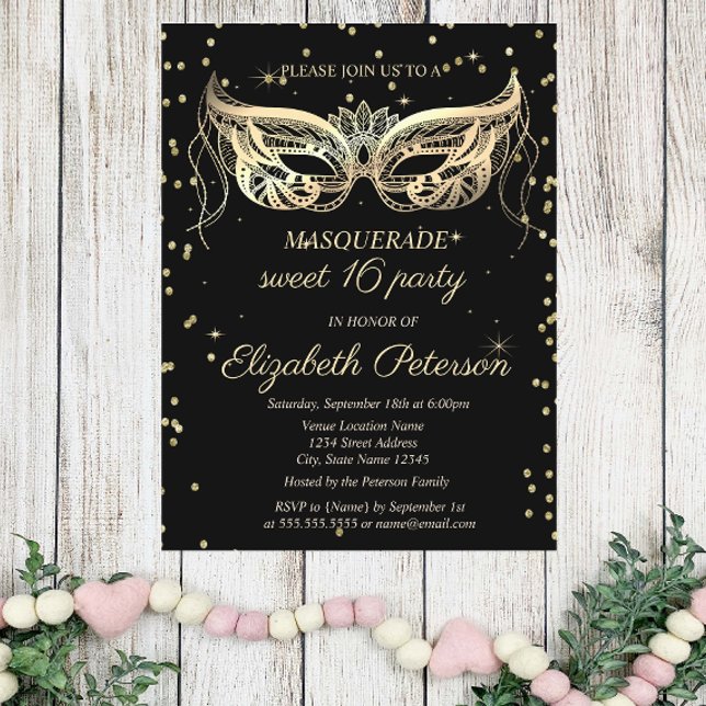 Masquerade Gold Diamonds Sweet 16 Inbjudan Vykort (Skapare uppladdad)