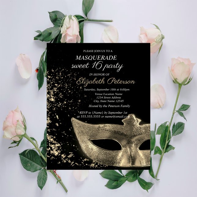 Masquerade Gold Masque Svart Sweet 16 Inbjudan Vykort (Skapare uppladdad)