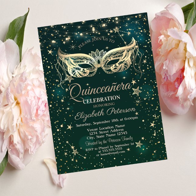 Masquerade, Gröna stjärnor  Quinceañera Inbjudningar (Skapare uppladdad)