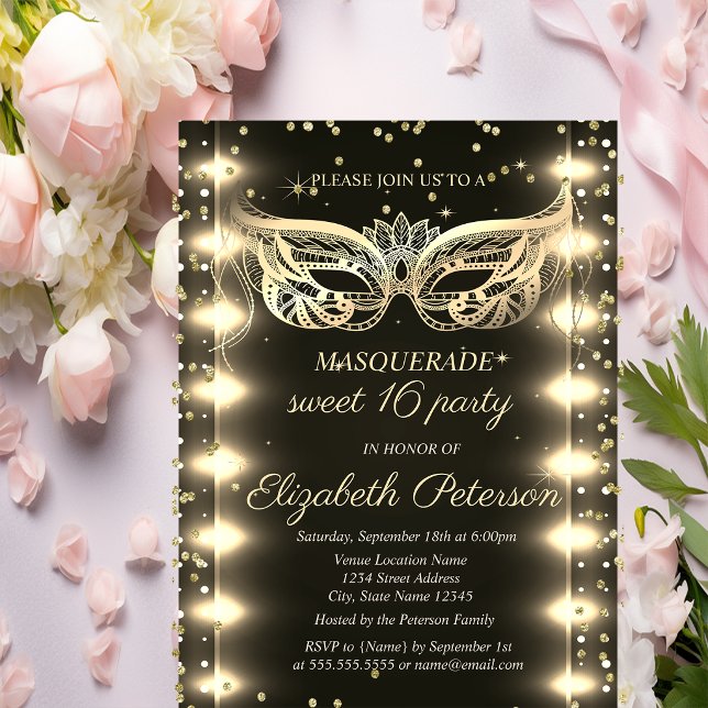 Masquerade Guld Diamanter Ljus Sweet 16  Inbjudan Vykort (Skapare uppladdad)