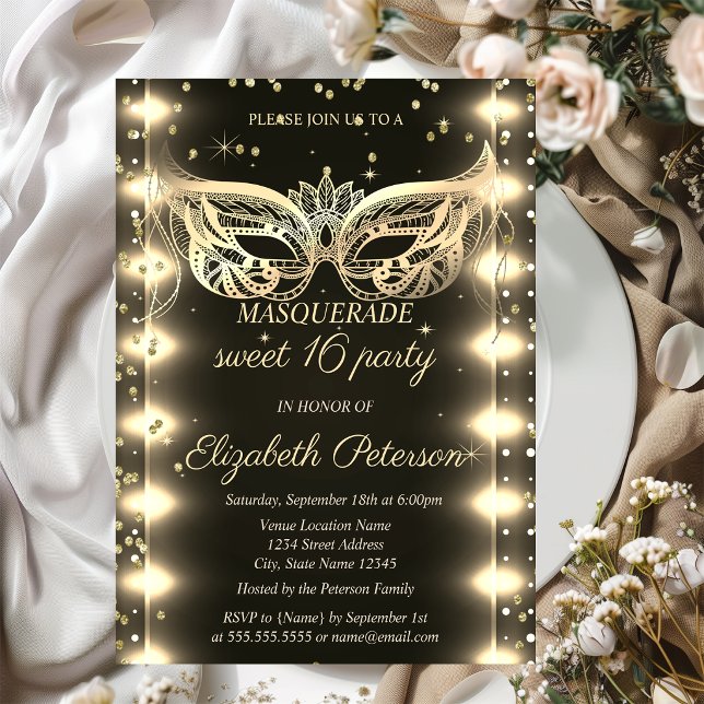 Masquerade Guld Diamanter Ljus Sweet 16  Inbjudningar (Skapare uppladdad)