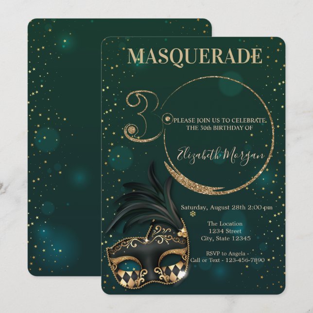 Masquerade Guld Glitter Grön 30-årsdag   Inbjudningar (Fram/baksida)