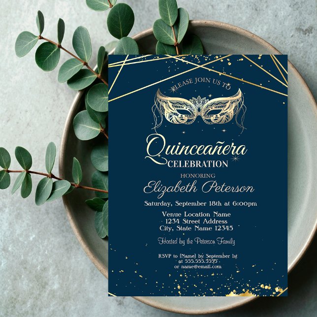 Masquerade, Guld, Marinblå Quinceañera Inbjudningar (Skapare uppladdad)