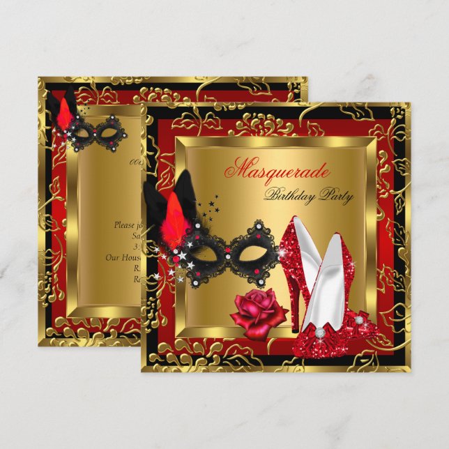 Masquerade Guld Röd Svart Glitter Höga Klackar Mas Inbjudningar (Fram/baksida)