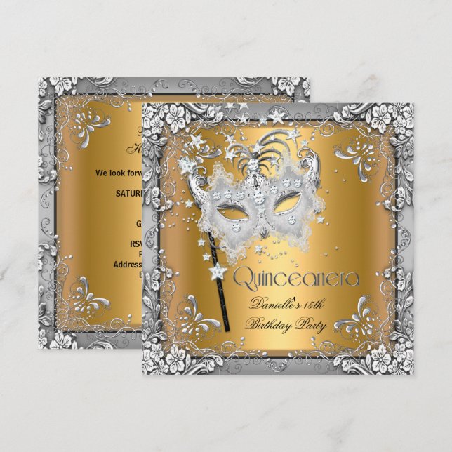 Masquerade Guld Silver Quinceanera 15:e Festsal Inbjudningar (Fram/baksida)