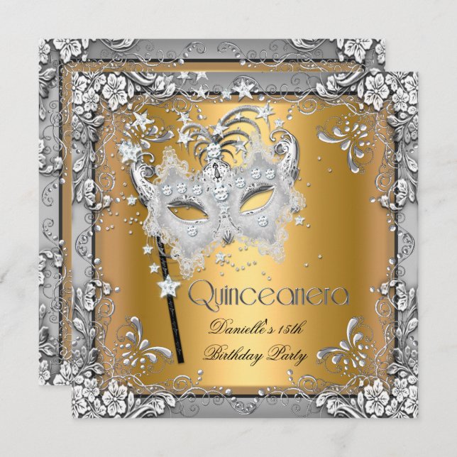 Masquerade Guld Silver Quinceanera 15:e Festsdag Inbjudningar (Fram/baksida)