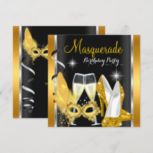 Masquerade Höga Klackar Guld Svart Champagne Party Inbjudningar