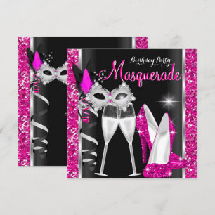 Masquerade Höga Klackar Rosa Svart Champagne Party Inbjudningar
