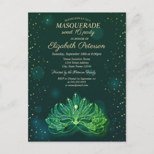 Masquerade, Konfetti Stjärnor Grön Mask Sweet 16 Inbjudan Vykort