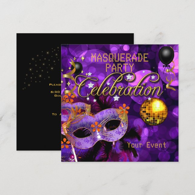 MASQUERADE Lila Guld Dansfest Disco Boll Inbjudningar (Fram/baksida)
