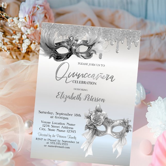 Masquerade Mask Glitterdroppar Silver Quinceanera Inbjudningar (Skapare uppladdad)
