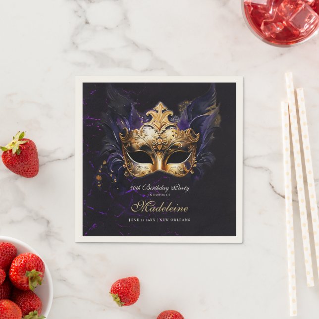 Masquerade Mask Gold Purple Dramatic 50th Birthday Pappersservett (Insitu)