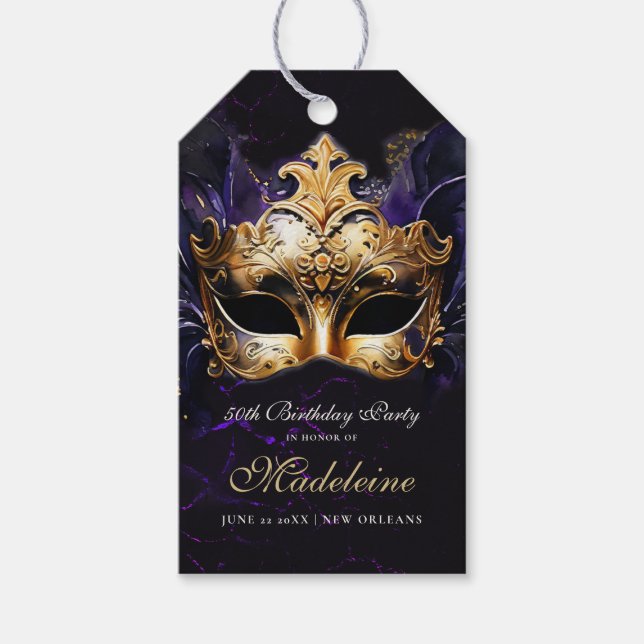 Masquerade Mask Gold Purple Dramatic 50th Birthday Presentetikett (Framsidan)