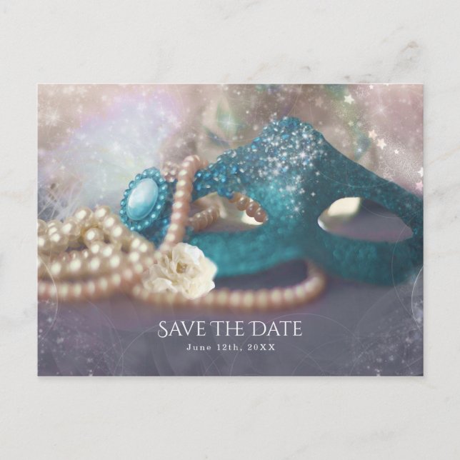 Masquerade Mask & Pärlor Regnbåge Save The Date Meddelande Vykort (Framsida)