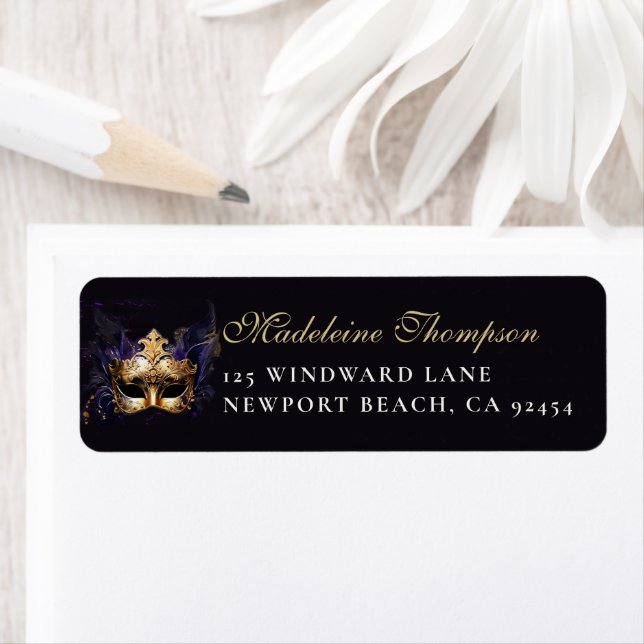 Masquerade Mask Purple Dramatic Return Address Returadress Etikett (Insitu)