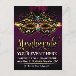 MASQUERADE Mask Purpurfärgad Kampanj Party Postcar Inbjudan Vykort