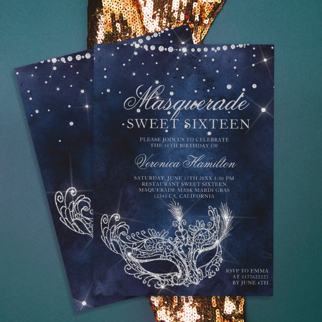 Masquerade mask silver glitter sparkles Sweet 16 Inbjudningar (Skapare uppladdad)