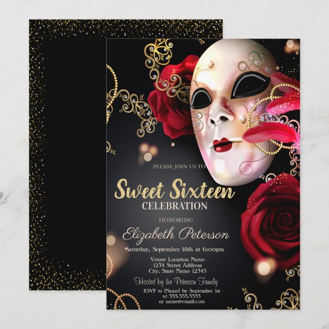 Masquerade,Masque,Konfetti Röda Rosor Sweet 16  Inbjudningar (Fram/baksida)