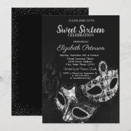 Masquerade,Masque,Svart,Grått Konfetti Sweet 16 Inbjudningar