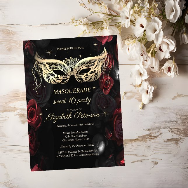 Masquerade Mörka Röda Rosor Gothic Sweet 16 Inbjudan Vykort (Skapare uppladdad)