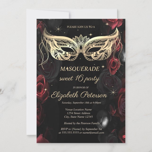 Masquerade Mörka Röda Rosor Gothic Sweet 16 Inbjudningar (Framsida)