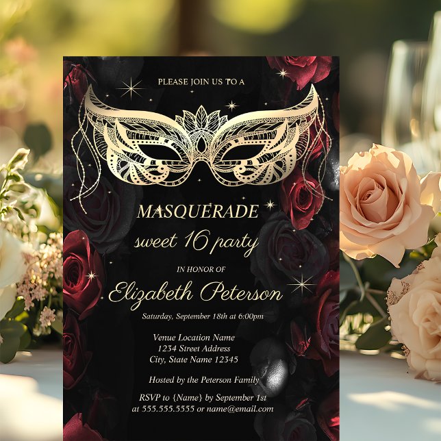Masquerade Mörka Röda Rosor Gothic Sweet 16 Inbjudningar (Skapare uppladdad)