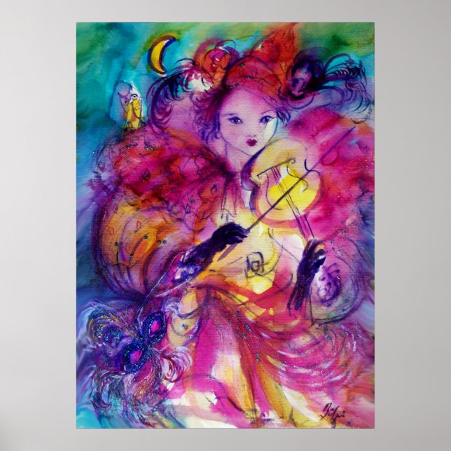 MASQUERADE NIGHT Carnival Musician in Rosa Costume Poster (Framsidan)