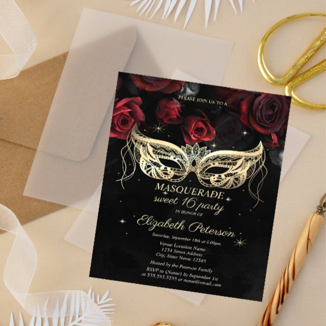 Masquerade Röda Rosor Gothic Sweet 16 Inbjudan Vykort (Skapare uppladdad)