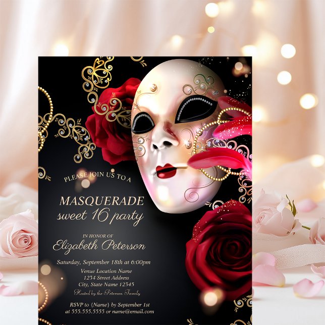 Masquerade röda rosor Sweet 16  Inbjudan Vykort (Skapare uppladdad)