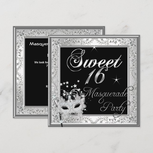 Masquerade Sweet 16 Sextonårsdag Svart Vit Inbjudningar (Fram/baksida)