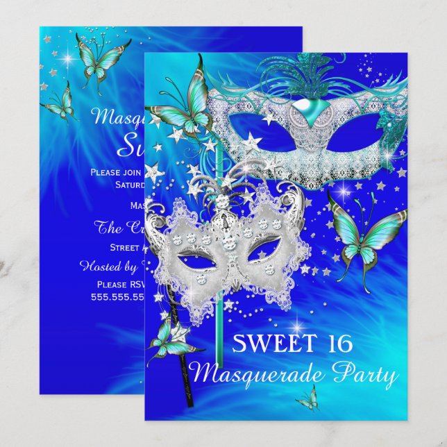 Masquerade Sweet 16 Tealblå Diamantmask Inbjudningar (Fram/baksida)