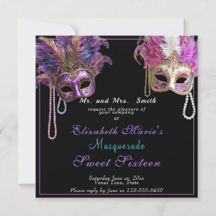 Masquerade Sweet Sixteen Rosa Guld Pärlor Inbjudningar