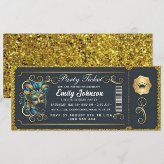 Masquerade Ticket Birthday Invitation Teal Gold Inbjudningar