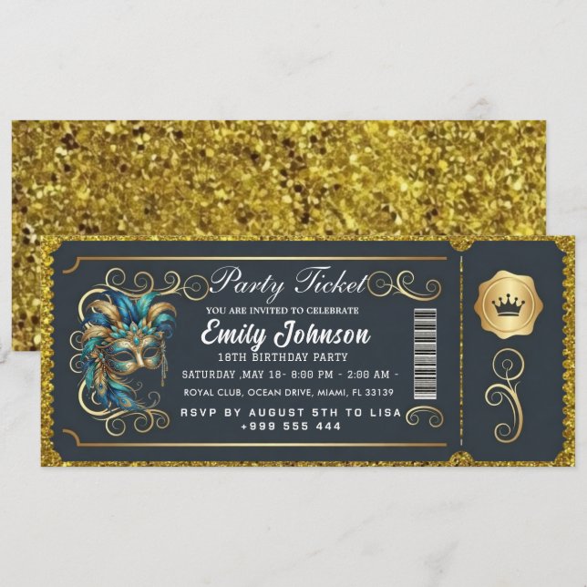 Masquerade Ticket Birthday Invitation Teal Gold Inbjudningar (Fram/baksida)