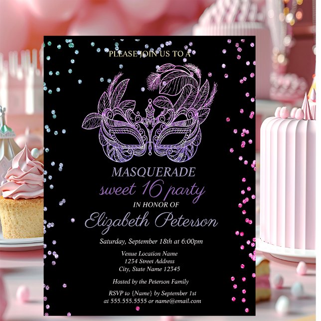 Masquerade Violetta Diamanter,Masque Sweet 16  Inbjudan Vykort (Skapare uppladdad)