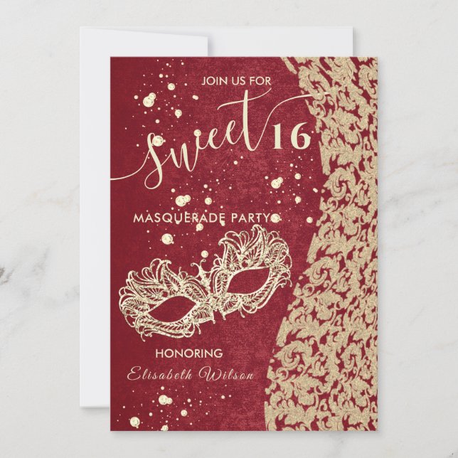Masqueradiamantdamm röd söt 16 inbjudan (Framsida)