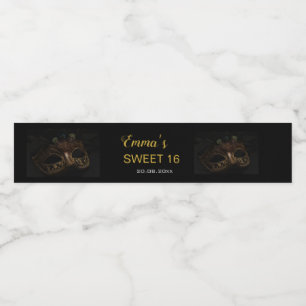 MasqueraElegant Guld Black Sweet 16 15 Birthday Vattenflaska Etikett
