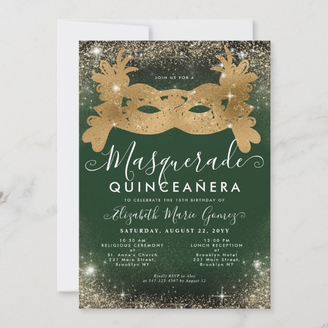 MasqueraEmerald Grönt Guld Glitter Quinceanera Inbjudningar (Framsida)