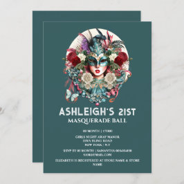 Masquerafödelsedagen dam med teal guld mask inbjudningar