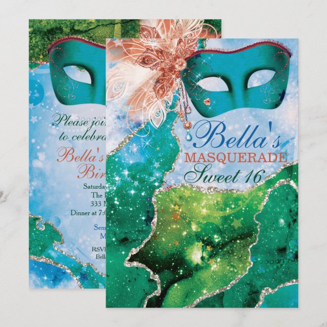 MasqueraFödelsedagsfest inbjudan (Fram/baksida)