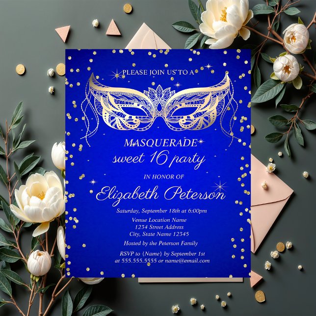 MasqueraGuld Diamonds Royal Blue Sweet 16 Inbjudan Vykort (Skapare uppladdad)