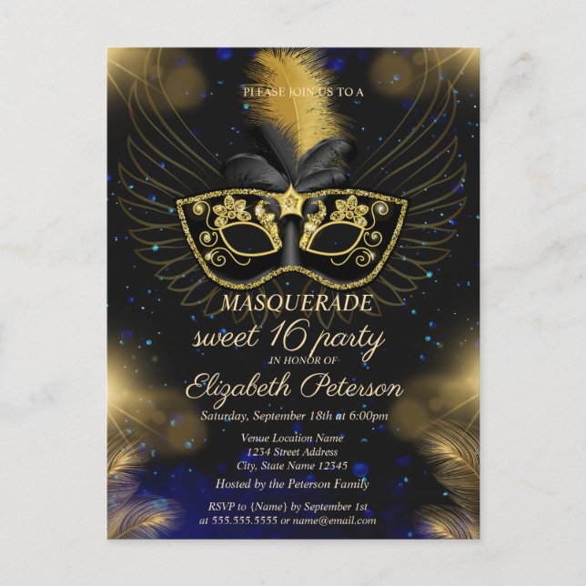 MasqueraGuld Shiny Sweet 16 Inbjudan Vykort (Framsida)