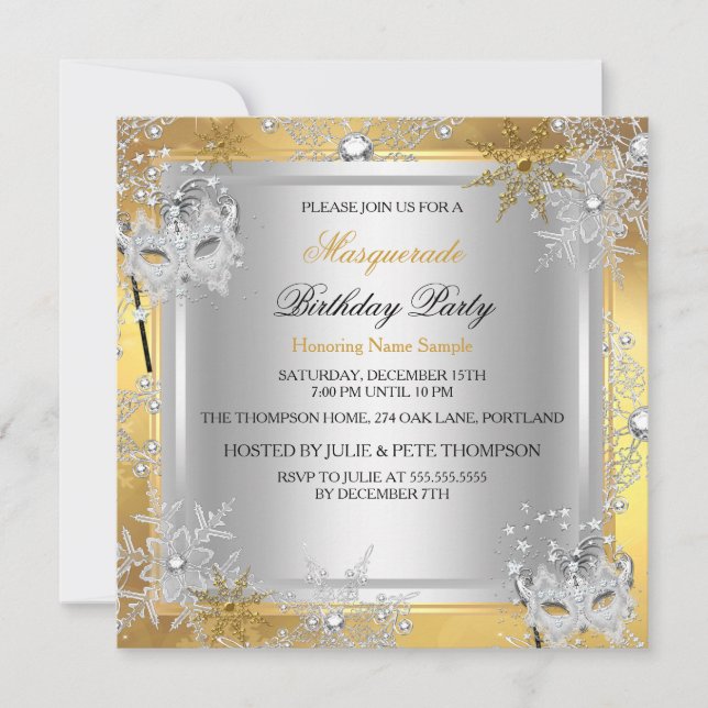 MasqueraGuld Snöflingor Silver Mask Party 3 Inbjudningar (Framsida)