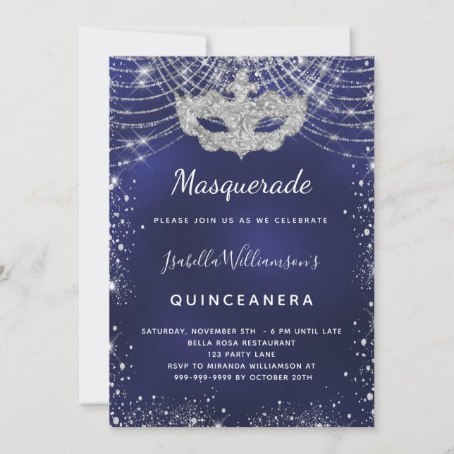 Masquerahavblåblå silver Quinceanera party Inbjudningar (Framsida)