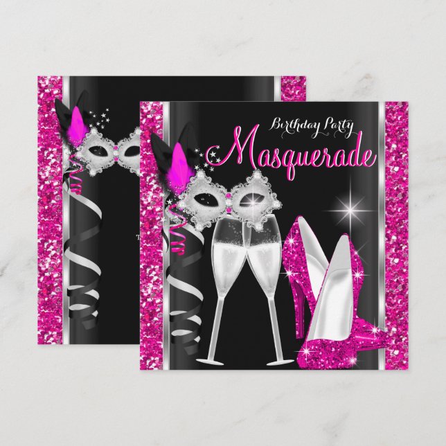 MasqueraHi Heels Rosa Black Champagne Party 2c Inbjudningar (Fram/baksida)