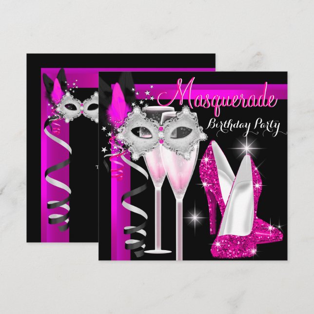 MasqueraHi Heels Rosa Black Champagne Party 3c Inbjudningar (Fram/baksida)