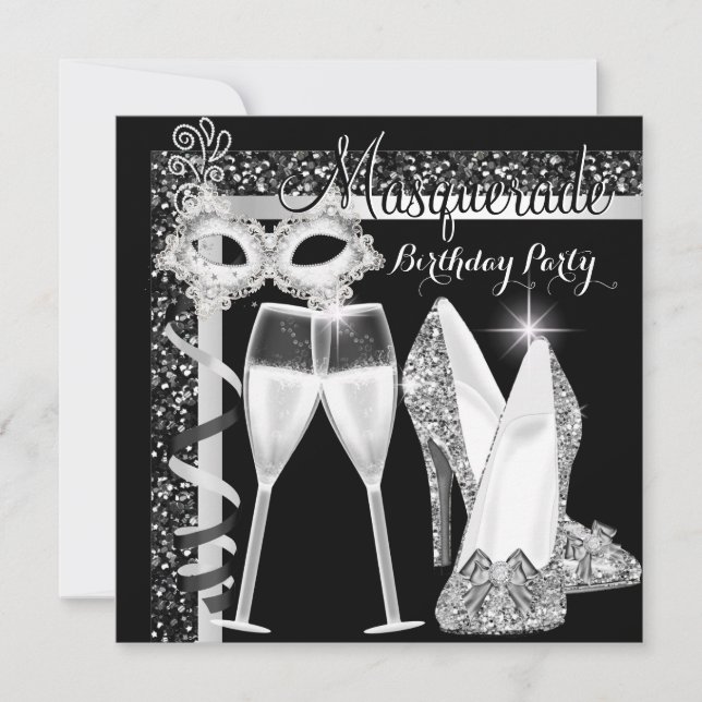MasqueraHi Heels Silver Black Champagne Party Inbjudningar (Framsida)
