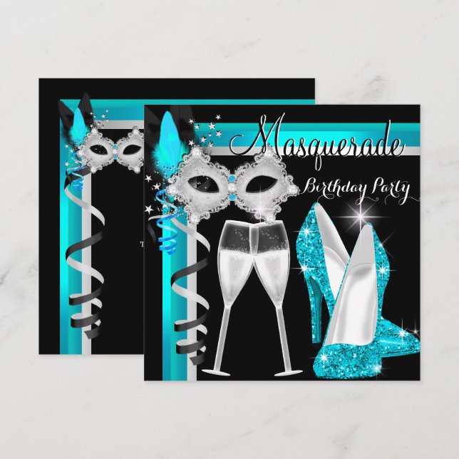 MasqueraHi Heels Teal Black Champagne Party 2 Inbjudningar (Fram/baksida)